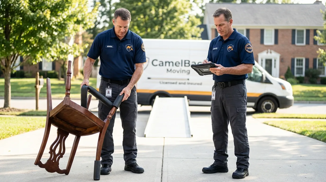 Movers inspecting furniture for damage prevention before loading in Langhorne, PA